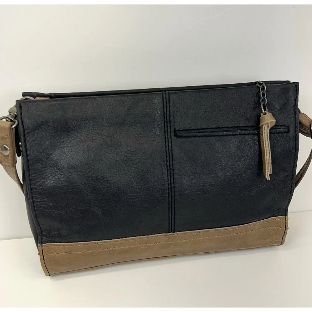 THE SAK Soft Leather Crossbody Bag Black Tan Western Boho Zip Top Shoulder Purse